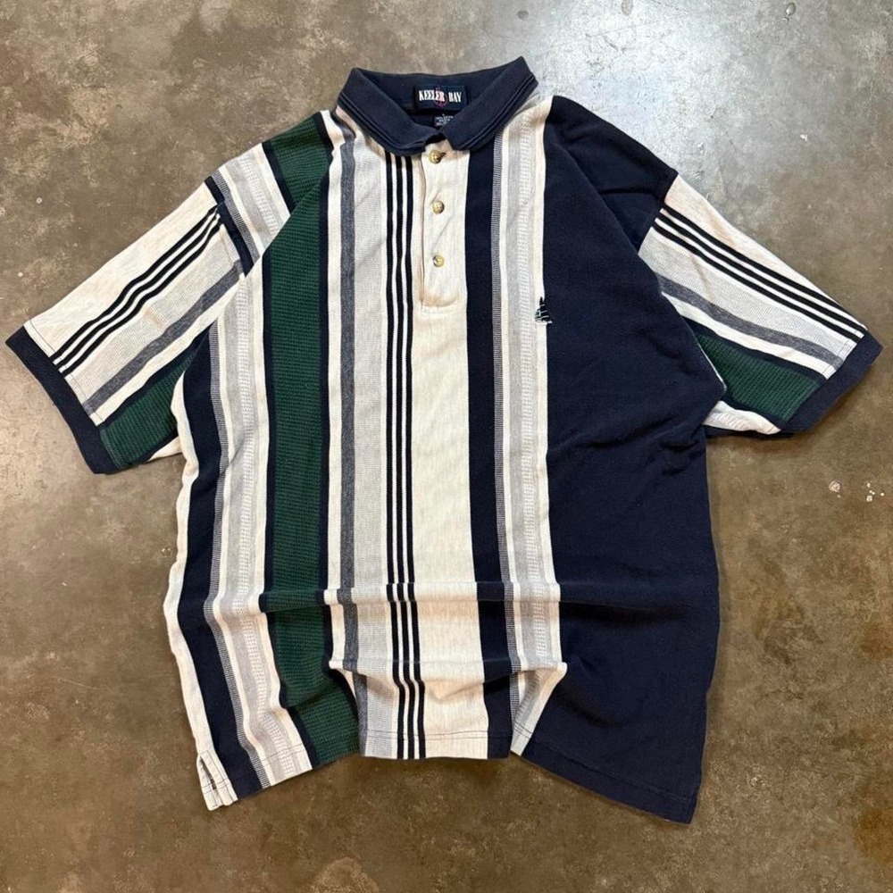 Vintage 90s Keeler Bay Striped Polo Shirt Mens Large Navy Green Vertical Stripe